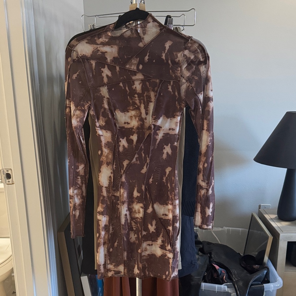 Mesh Brown Tie-Dye Long Sleeve Dress